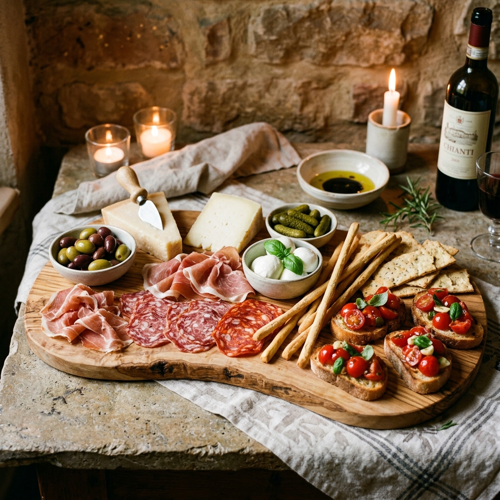Tagliere da aperitivo in legno di ulivo con salumi e formaggi