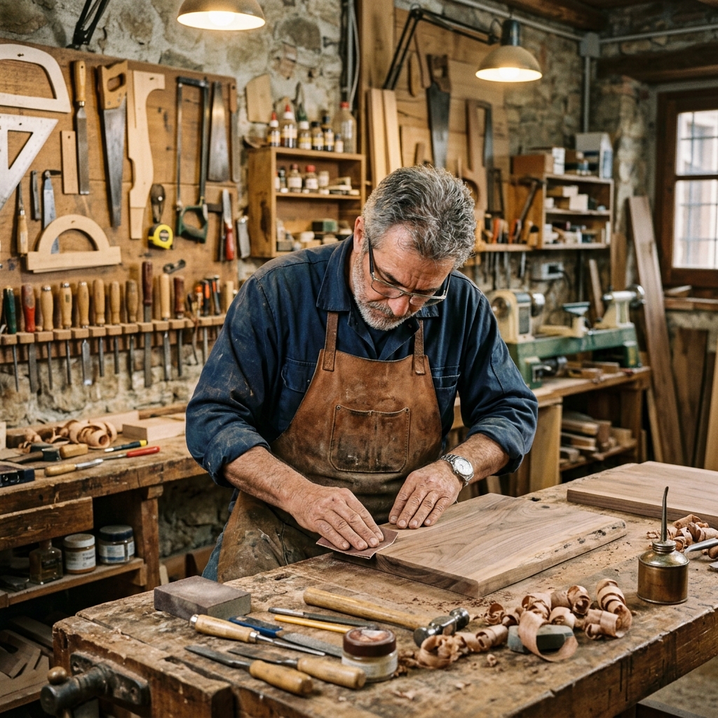 Artigiano del legno al lavoro nella bottega trentina