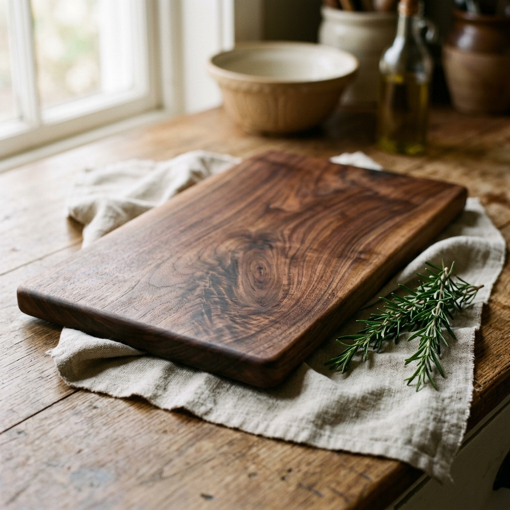 Tagliere artigianale in legno di noce con venature naturali e rosmarino