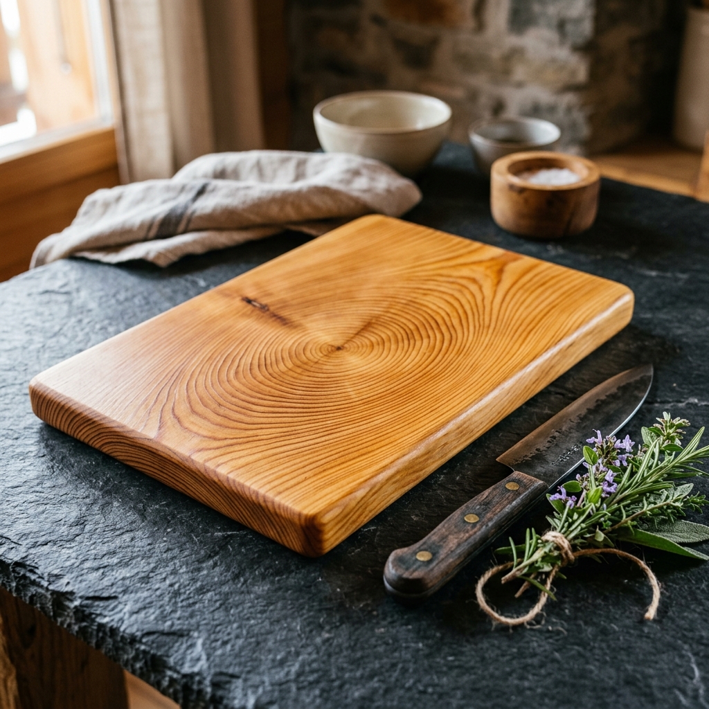 Tagliere artigianale in larice dorato con erbe di montagna