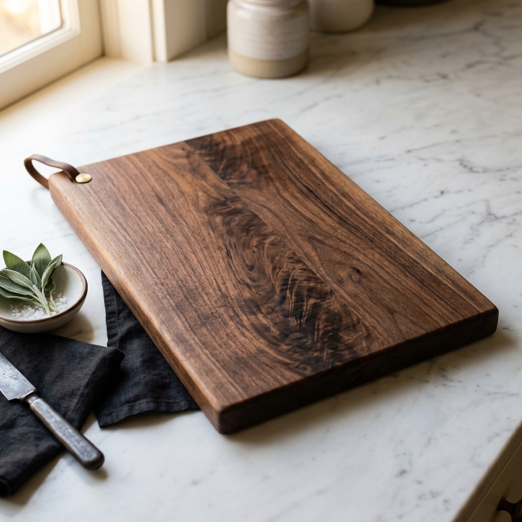 Tagliere artigianale in legno di noce con venature scure eleganti