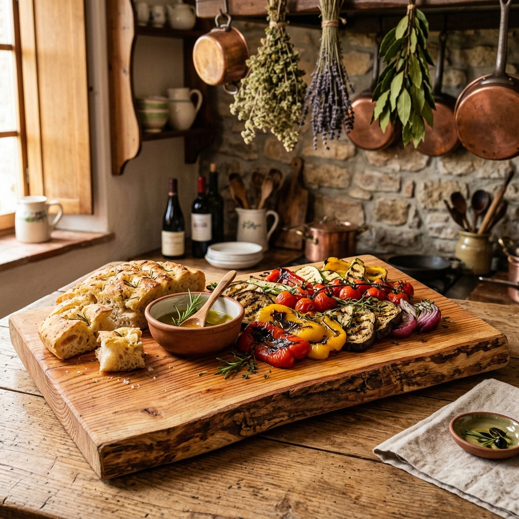 Tagliere da portata in larice per servire verdure e focaccia