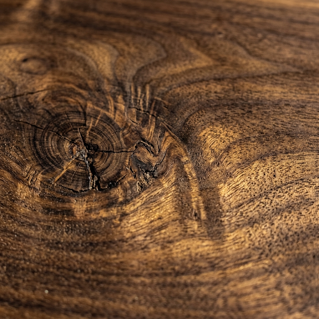 Dettaglio macro della venatura del legno di noce lavorato a mano