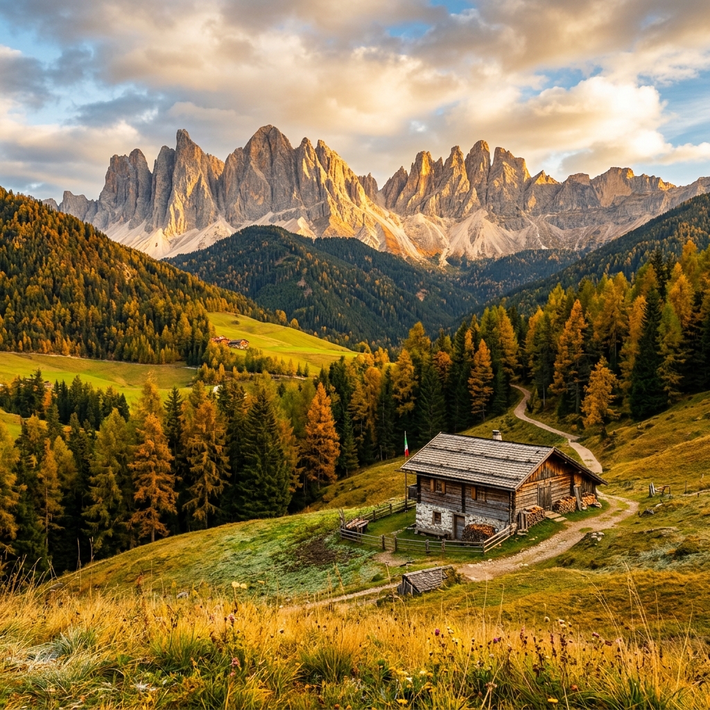 Panorama delle Dolomiti trentine con boschi di larici e baite