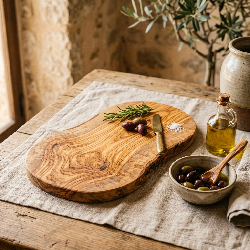 Tagliere in legno di ulivo con venature dorate e forma organica